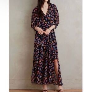 Anthro HD in Paris Sheer Floral Chiffon Surplice Maxi Dress Cottage Peasant Boho